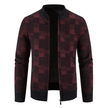 Men's Fleece-lined - Thickened Baseball -Collar Plaid Knitted Cardigan