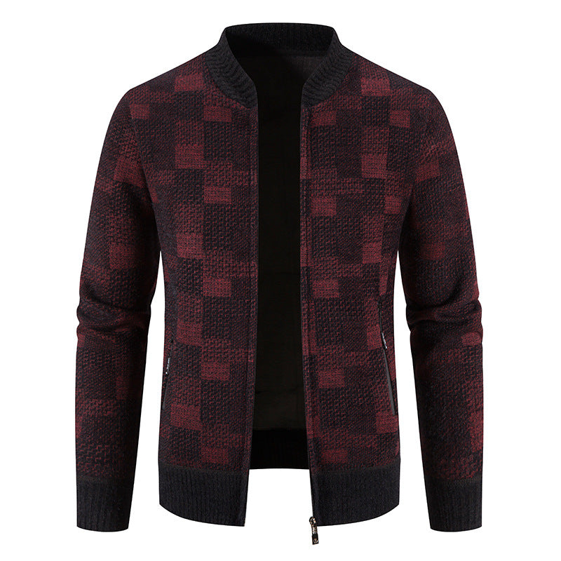 Men's Fleece-lined - Thickened Baseball -Collar Plaid Knitted Cardigan