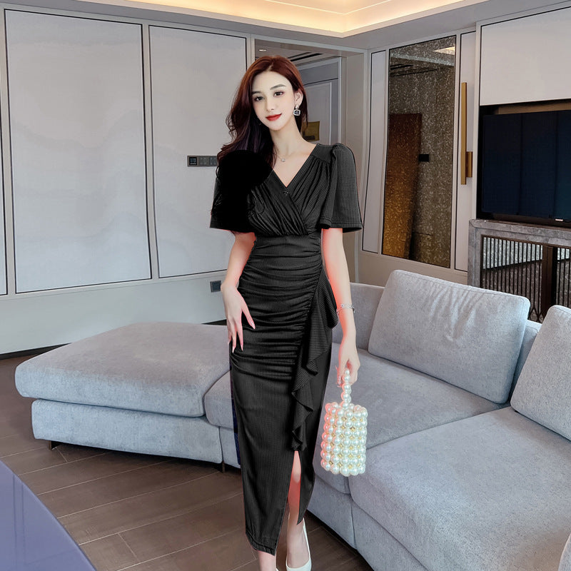 Women's Summer V-neck - Slimming Ruffled Office Lady Sheath Skirt