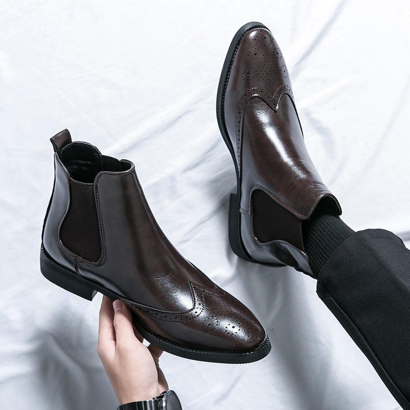 High-top Leather Shoes Men's Pointed Chelsea Booties