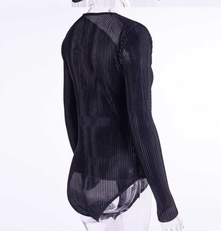 European / American V-neck slim long-sleeved jumpsuit, pleated cross street versatile T-shirt