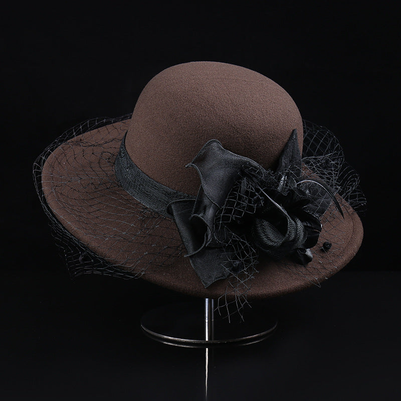 Net Yarn Flowers Woolen Basin Hat Female European And American French Hepburn Style