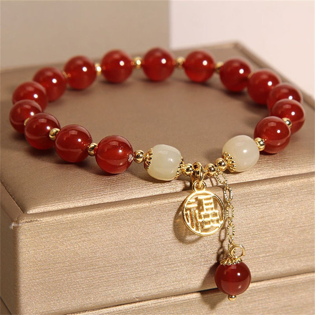 Retro Chinese-style Red Agate Fu Character Charm Bracelet For Inviting Good Fortune