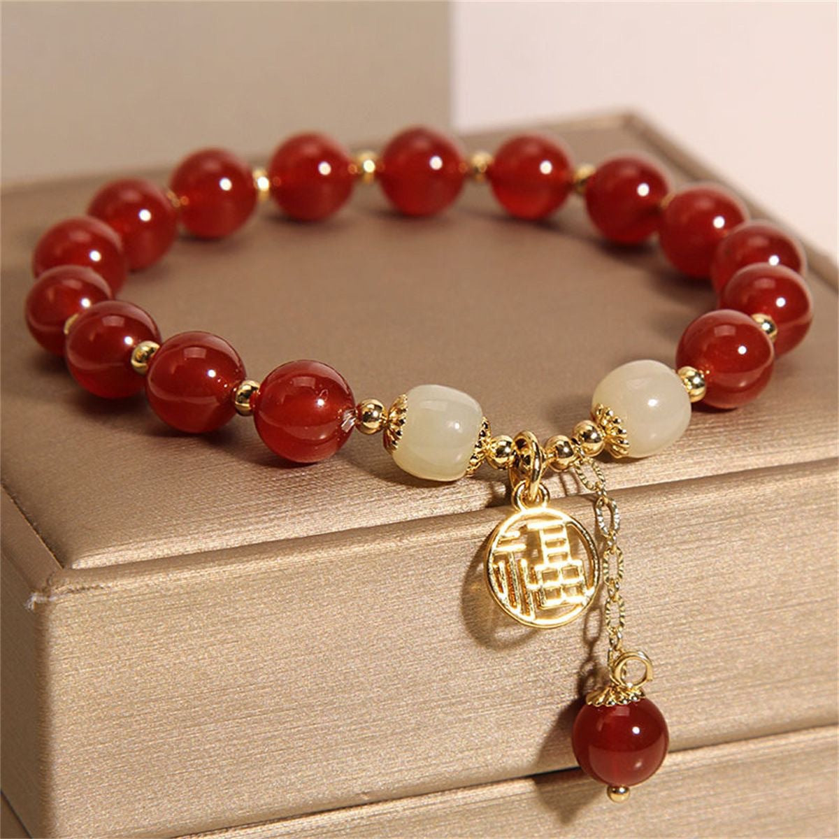 Retro Chinese-style Red Agate Fu Character Charm Bracelet For Inviting Good Fortune