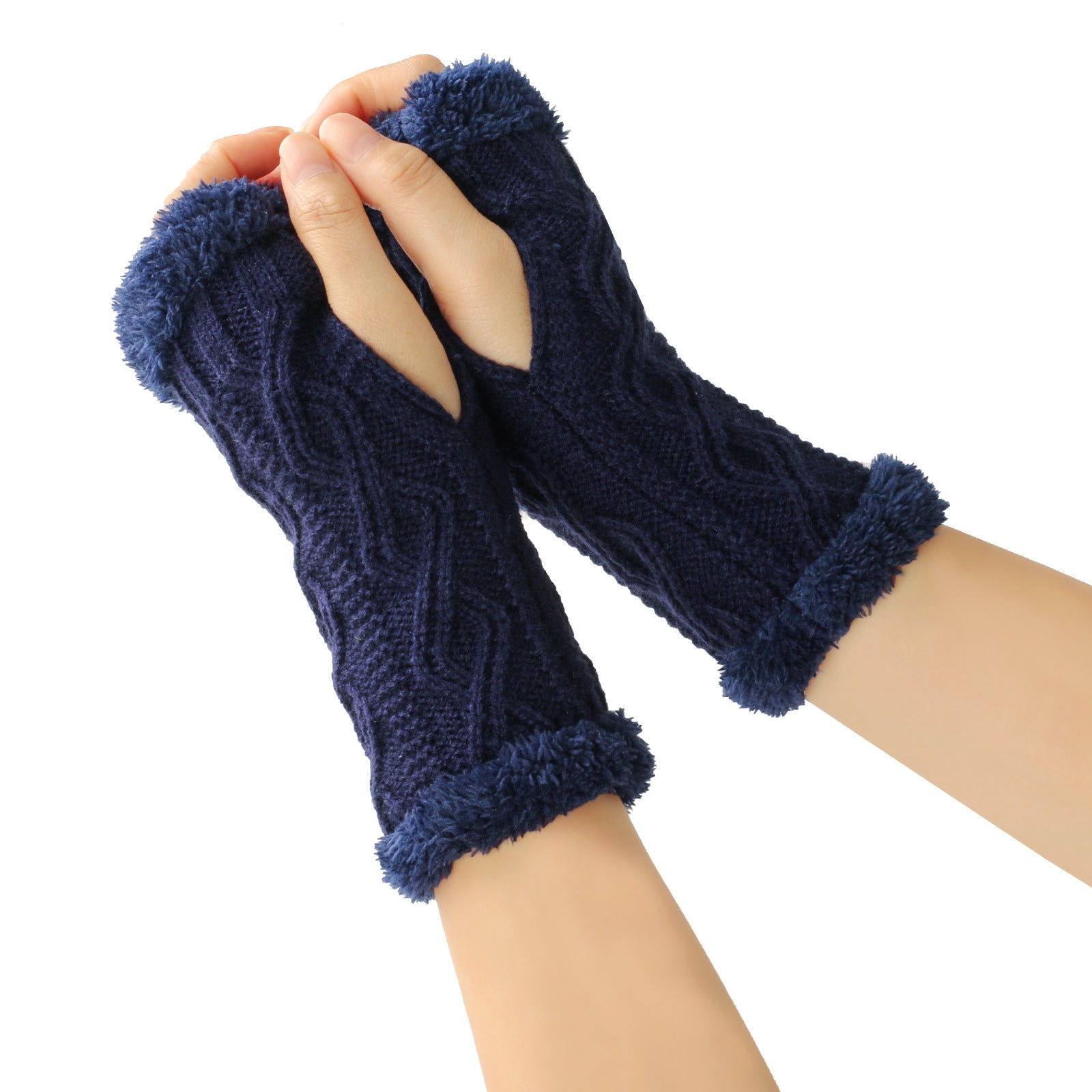 Rhombus Short Knitted Plus Fluff Thick Gloves