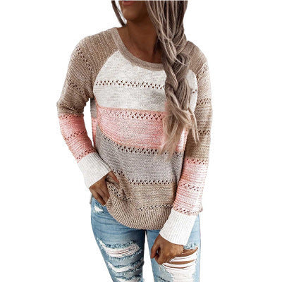 Long sleeve pullover color block sweater top