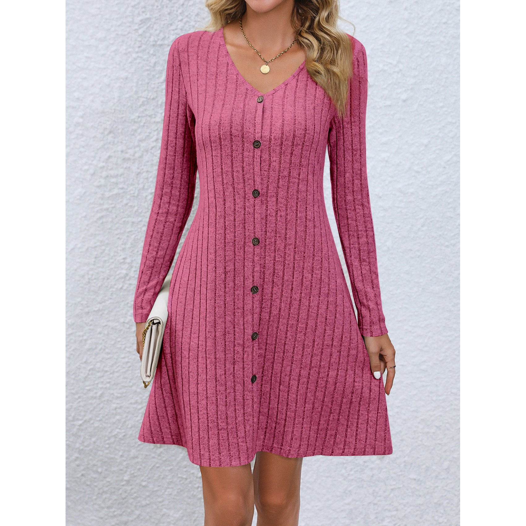 Fashion V-neck Long Sleeves Dress -  With Button Waist-controlled Design  - Slim Dresses Women's Clothing