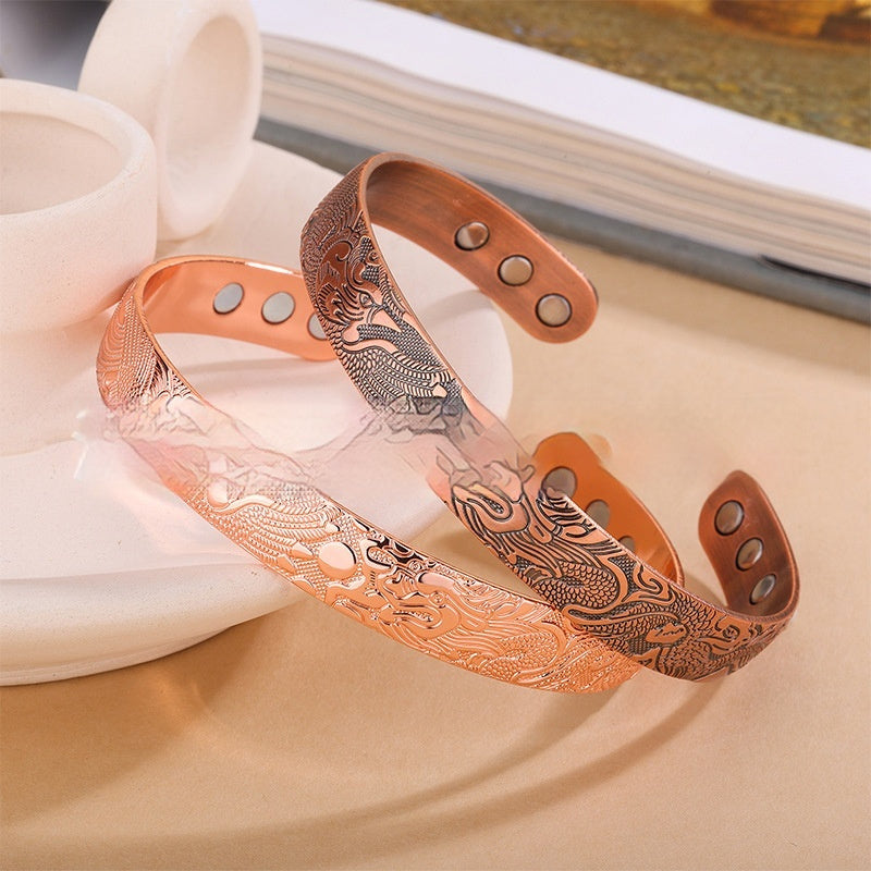 Dragon And Phoenix Pattern Vintage Solid Copper Magnetic Open-End Adjustable Bracelet For Men And Women
