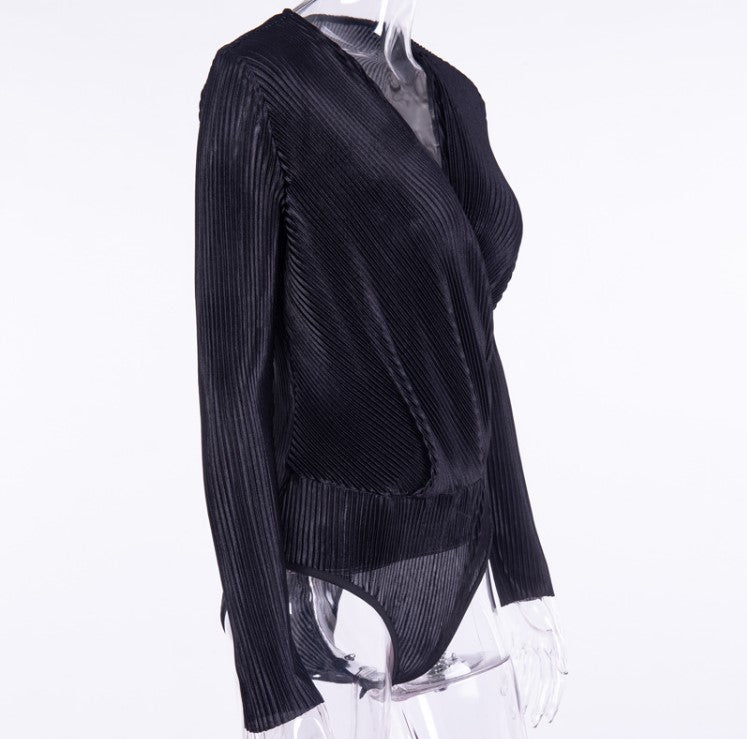 European / American V-neck slim long-sleeved jumpsuit, pleated cross street versatile T-shirt