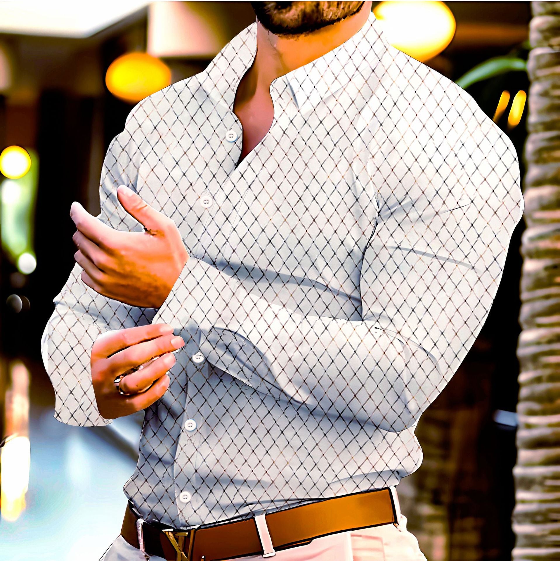 Stylish Mens Casual Long-Sleeve Shirt With Geometric Gold-Stamped Print