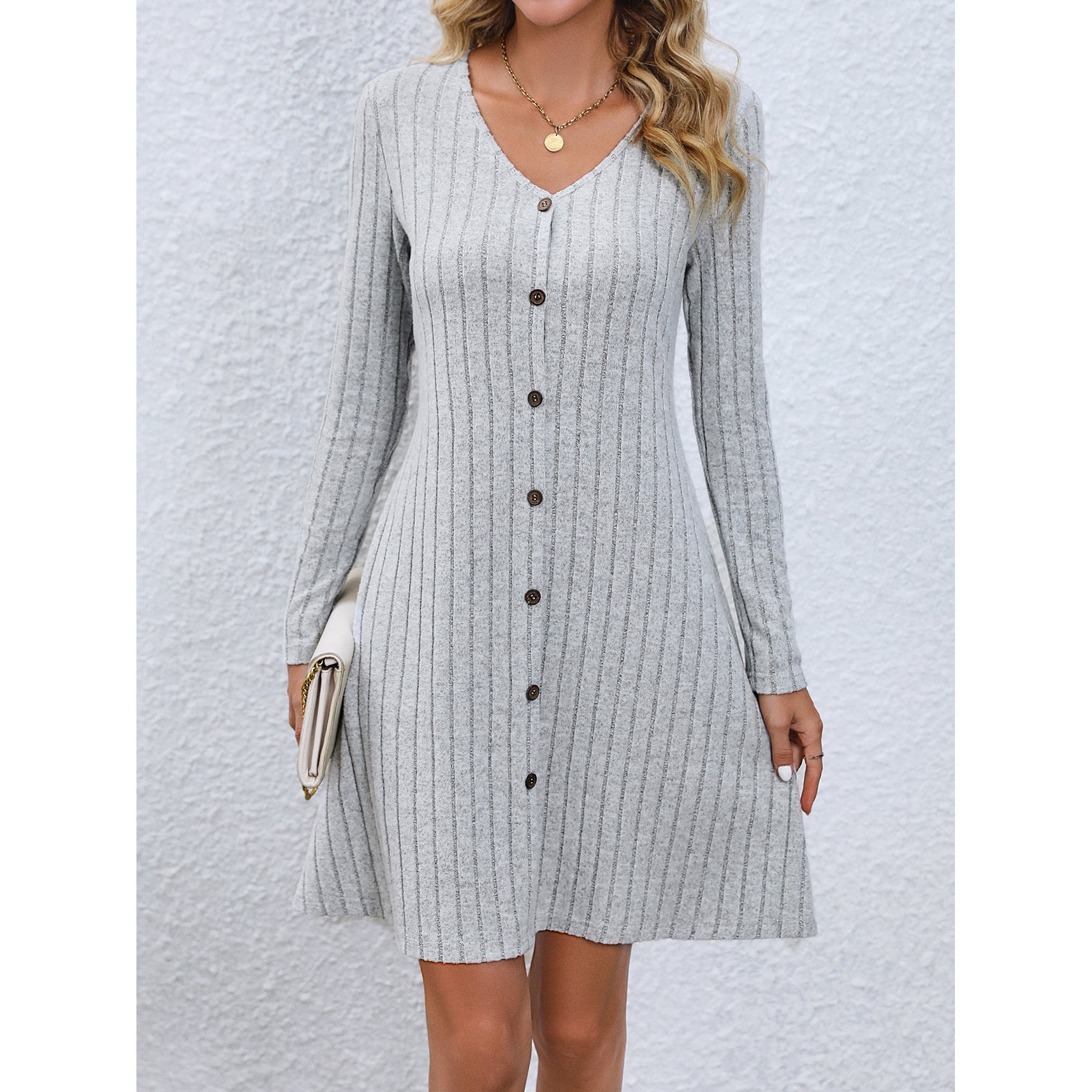 Fashion V-neck Long Sleeves Dress -  With Button Waist-controlled Design  - Slim Dresses Women's Clothing