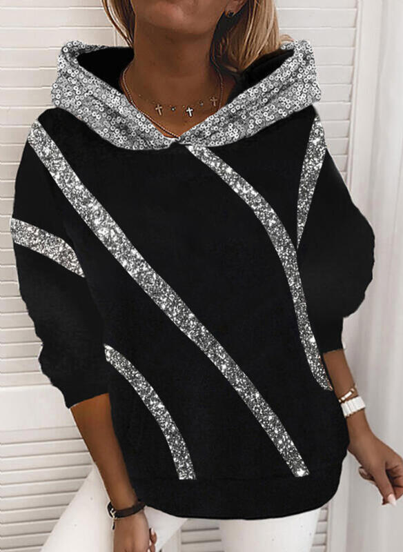 Sequins printed loose hooded sweater women