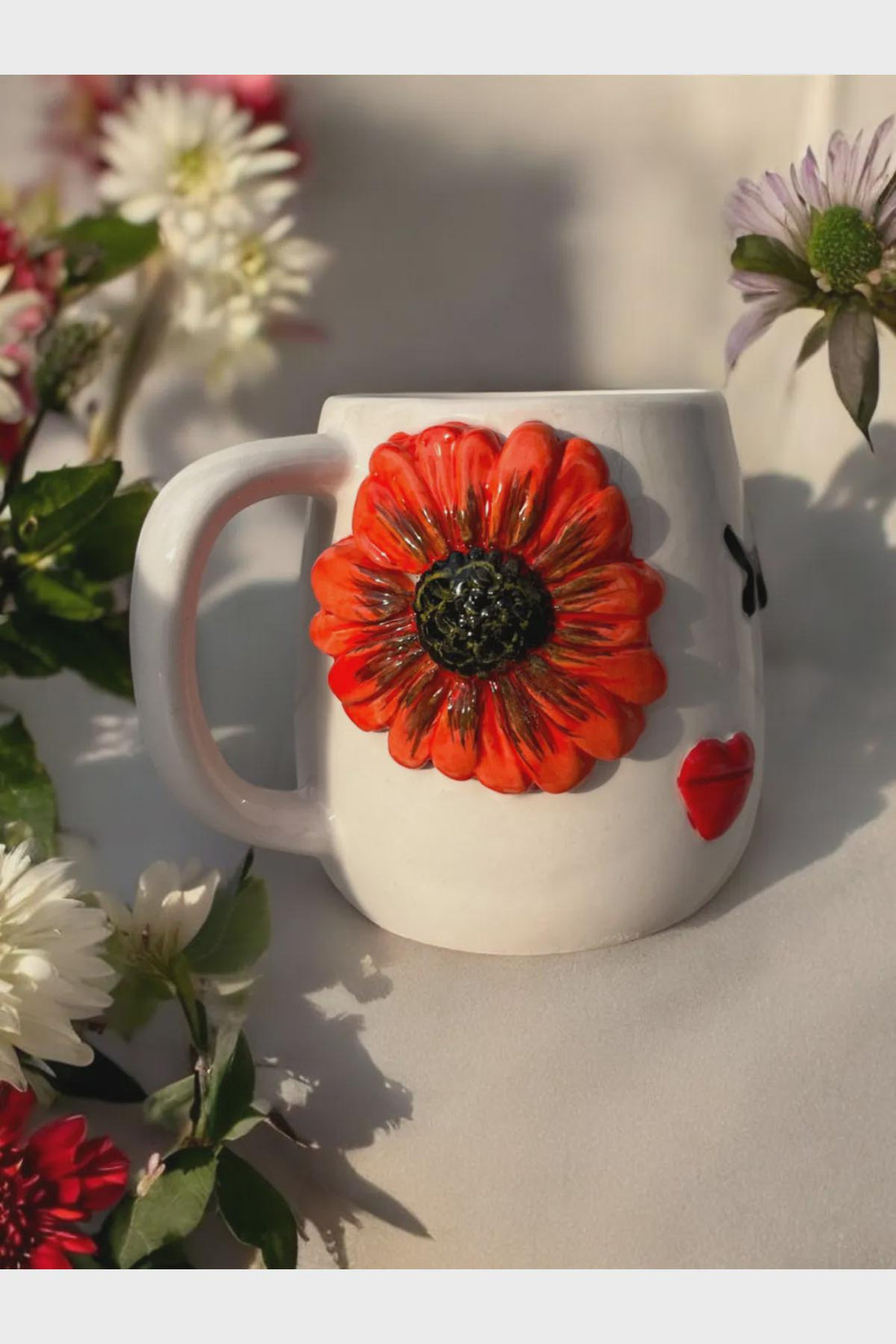 Set Of 2 Handmade Embossed Flower Face Mugs 400ml For Unique Coffee Experience