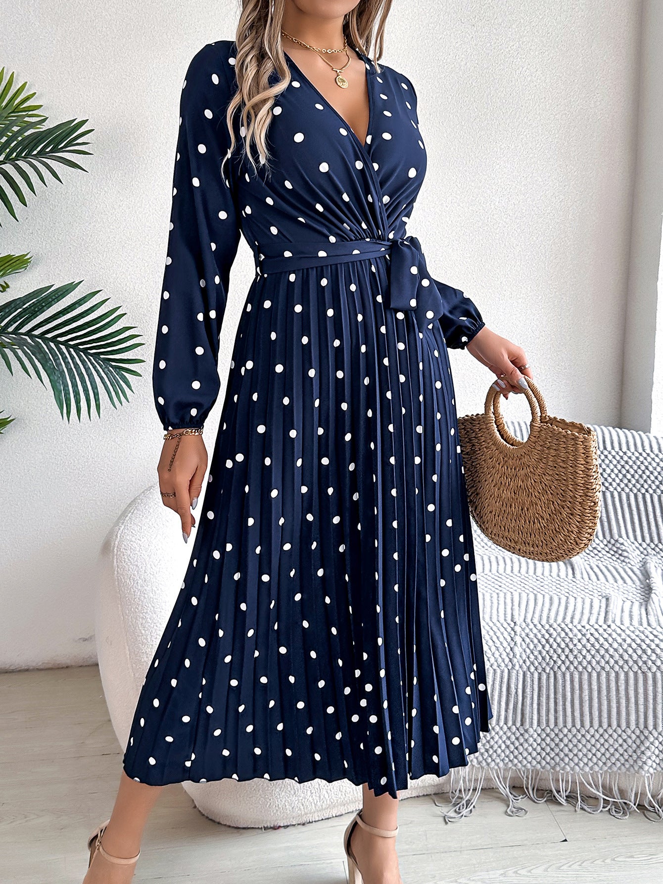 Spring  / Summer  - Elegant Long Dress -  Cross V-Neck Contrast Polka Dot Long Sleeve Pleated  Dresses