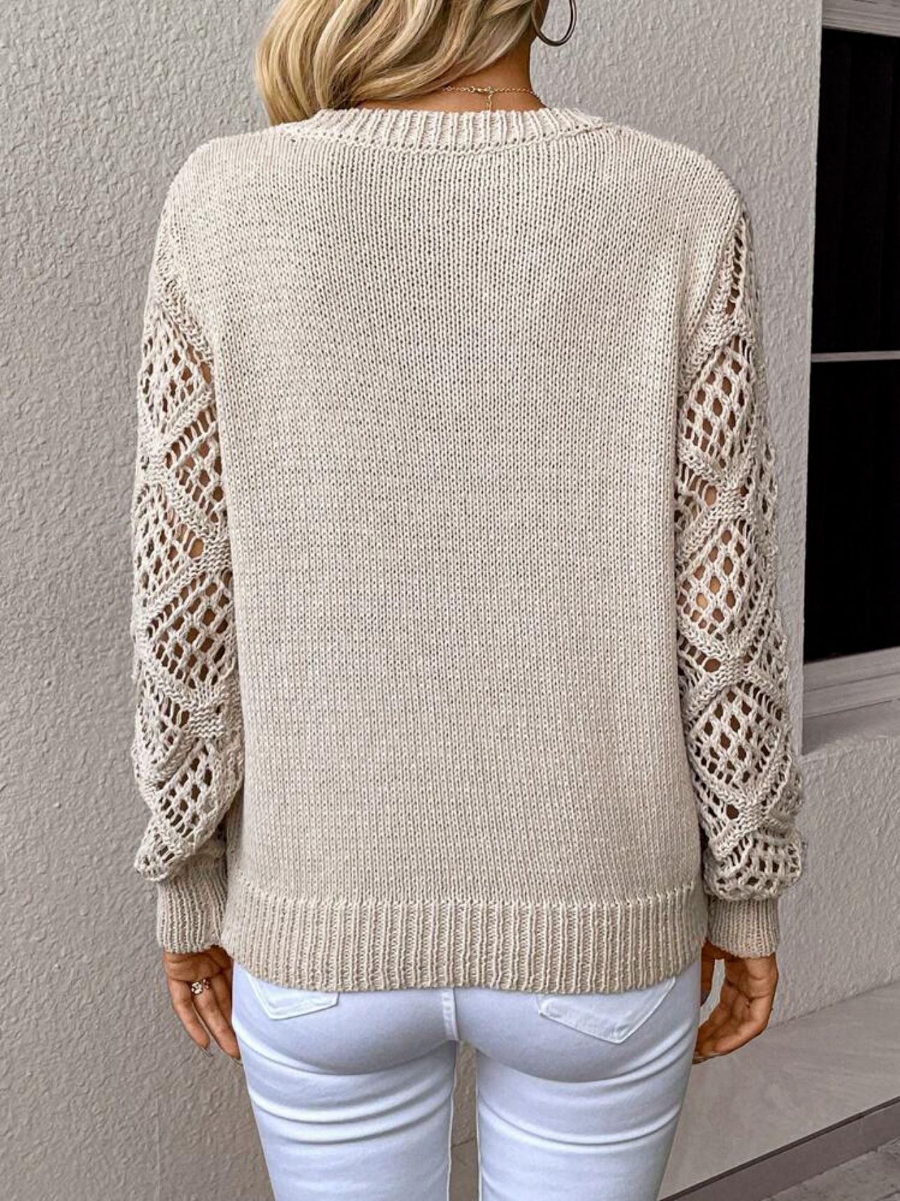 Solid V-neck Pullover Sweater With Hollow Long Sleeve - Fashion Tops For Women Clothing