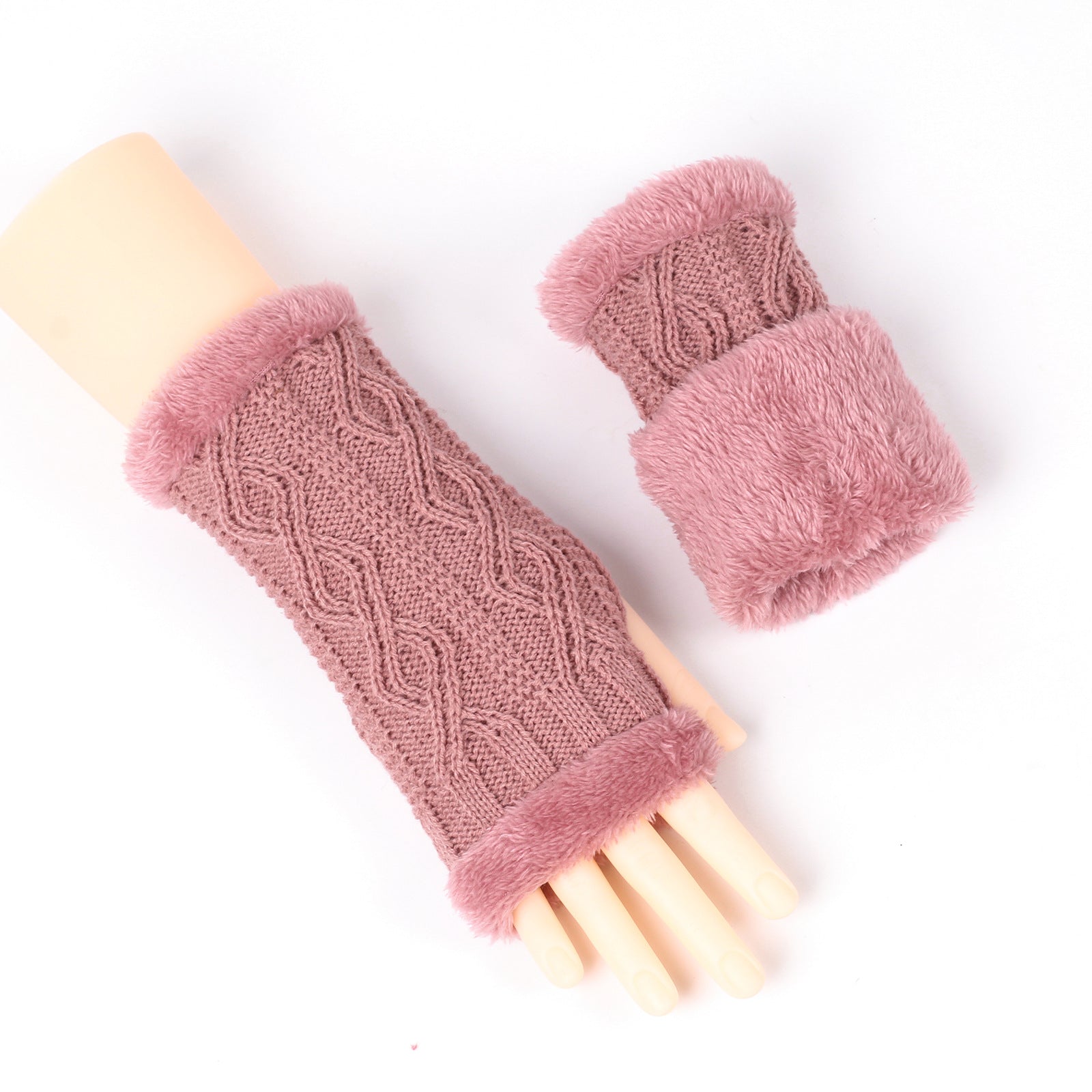 Rhombus Short Knitted Plus Fluff Thick Gloves