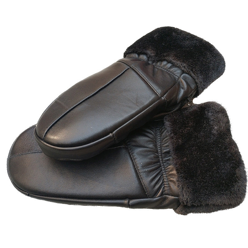 Fleece-lined Thickened Cold-resistant Windproof Sheepskin Mittens For Cycling