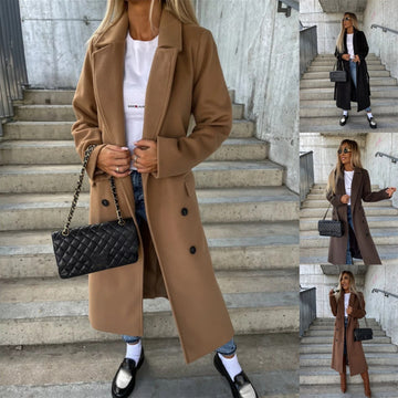 Double-breasted Lapel Split Jacket With Belt  - Winter Fashion  - Casual Long Sleeve Button Daily Coats  - For Women
