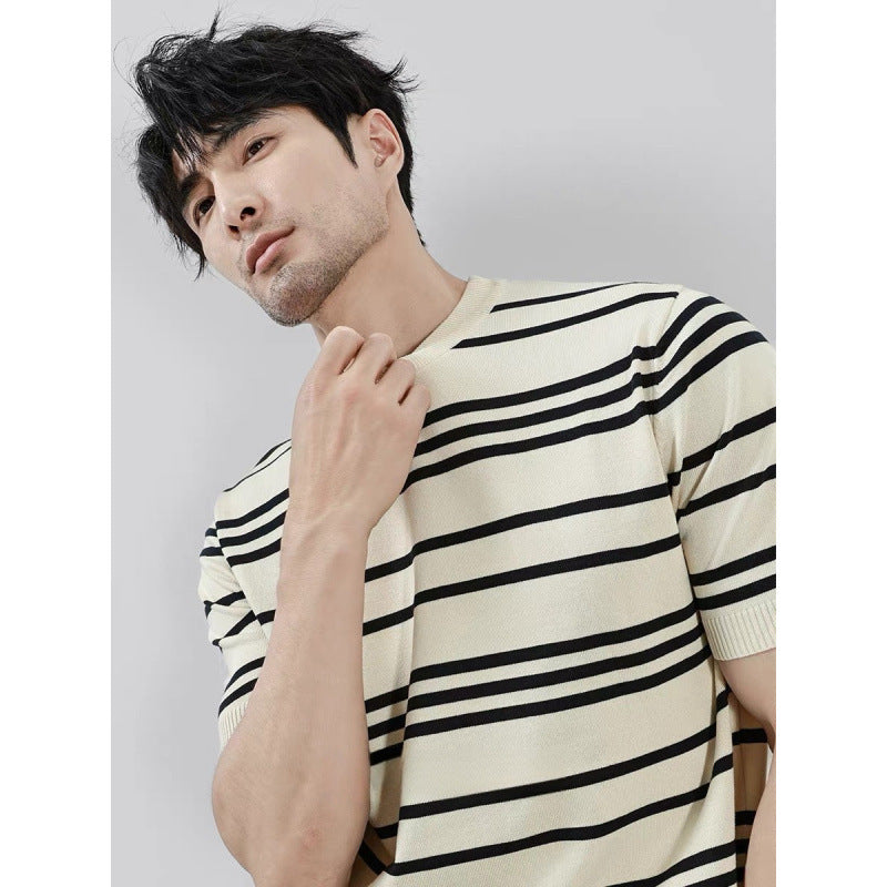 Knitted Ice Silk T-shirt - Men's Short Sleeve Black And White Stripes