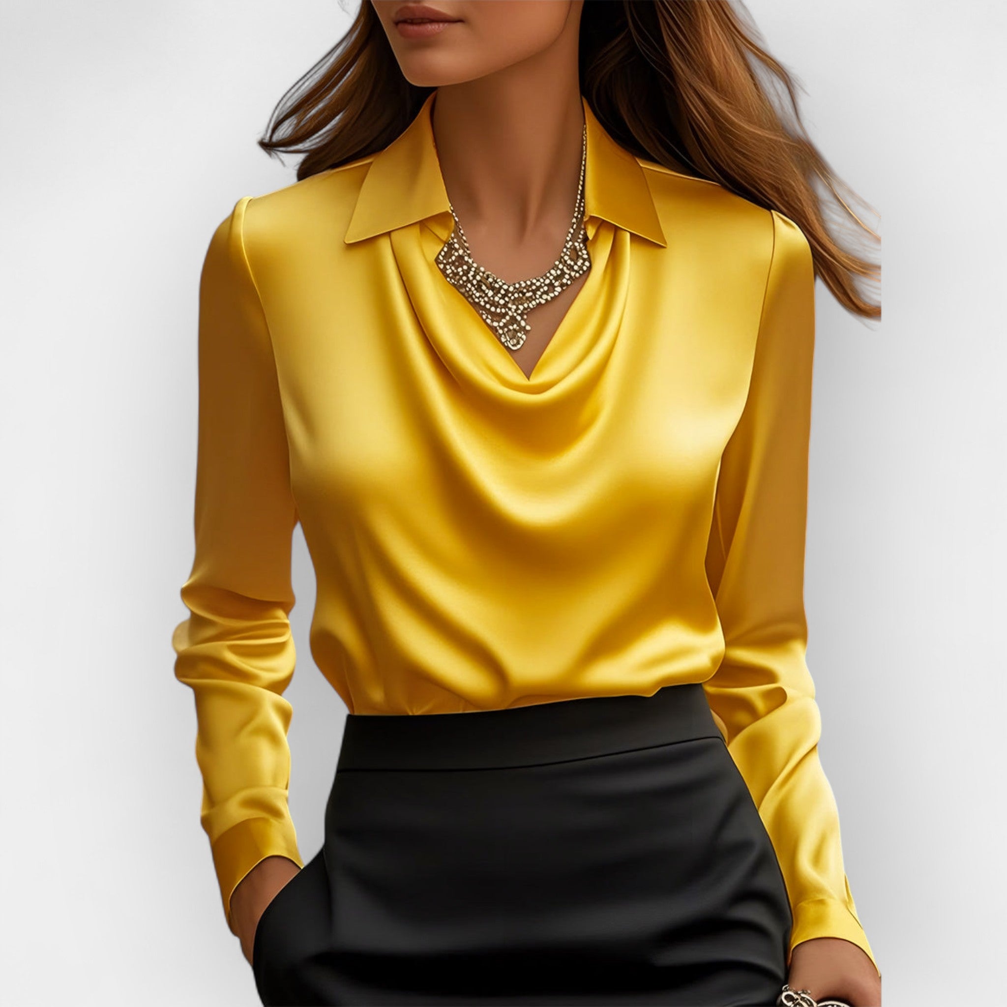 Women's Swing Collar Draped Shirts & Blouses Elegant -Solid Satin Office Ladies Top Pullover Spring Long Sleeve Casual Tops
