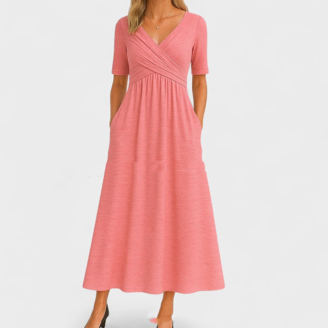 Women's Short Sleeve Summer V-neck Dress - Solid Color Fashion