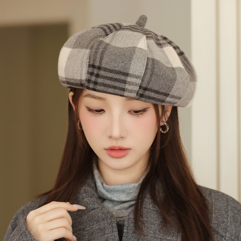 British Style Retro Plaid Octagonal Hat Japanese Style Fashion All-matching