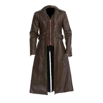 European / American  - Medieval Clothing Mid-length PU Leather Trench Coat