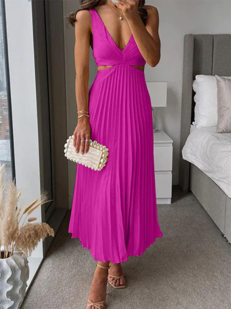 Ins Suspender Pleated Long Dress  - With Hollow-waisted Design  - Fashion V-neck Backless Dresses - Summer Women's Clothing