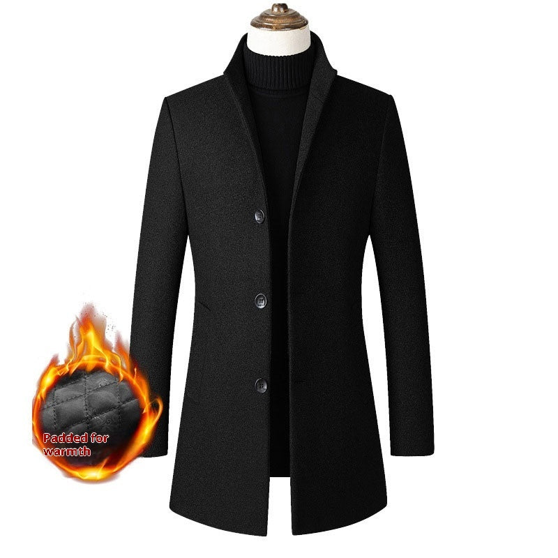 European /  American Single-breasted Stand Collar Coat - Cotton Padded Men's Trench Coat - Woolen Coat