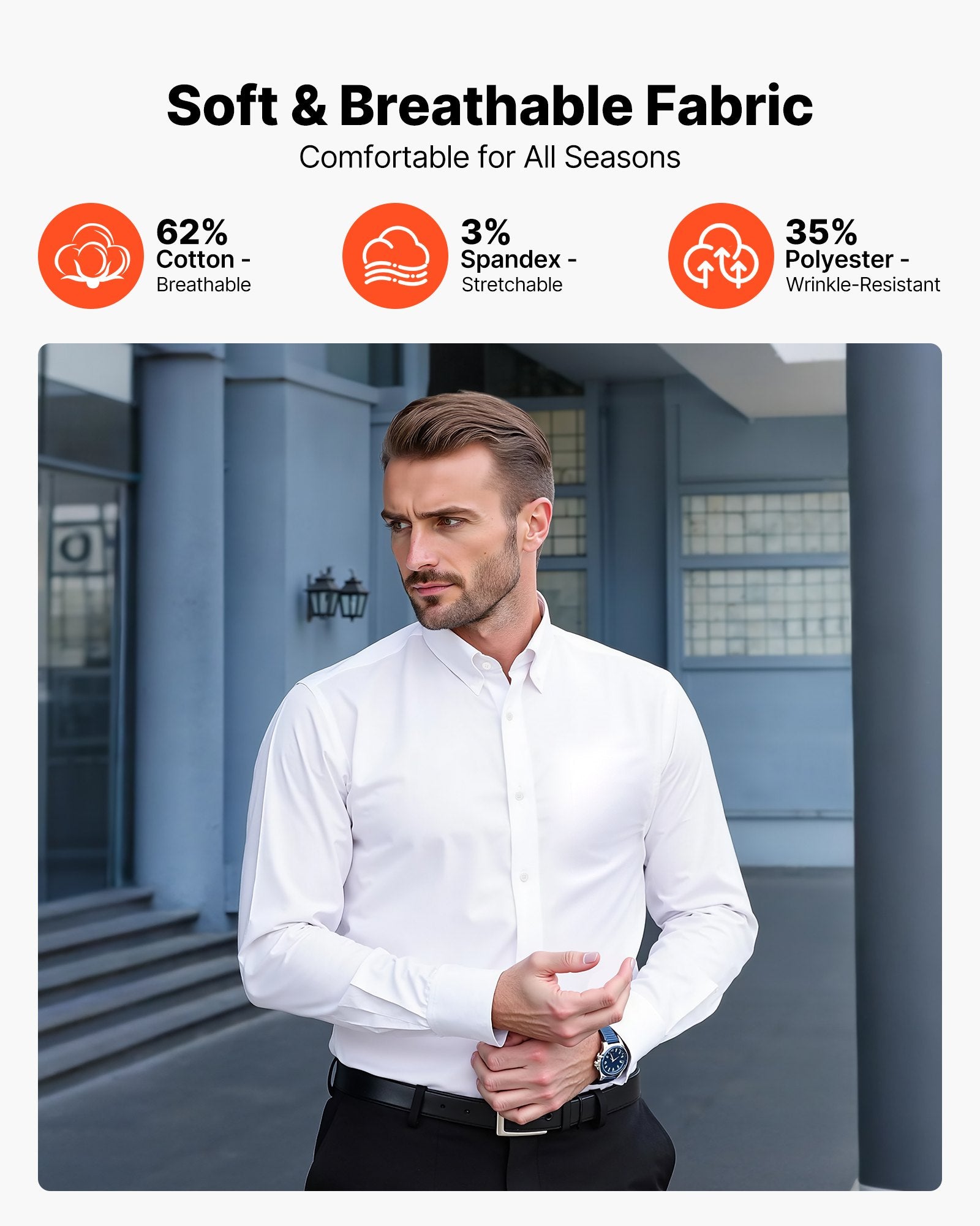 Men's Button Up Shirt, Mens Long Sleeve Wrinkle-free Button Down Dress Shirts, Slim Fit Soft Stretch Fabric For Business Casual Or Formal, Work, Wedding, Dinner, White, L Size