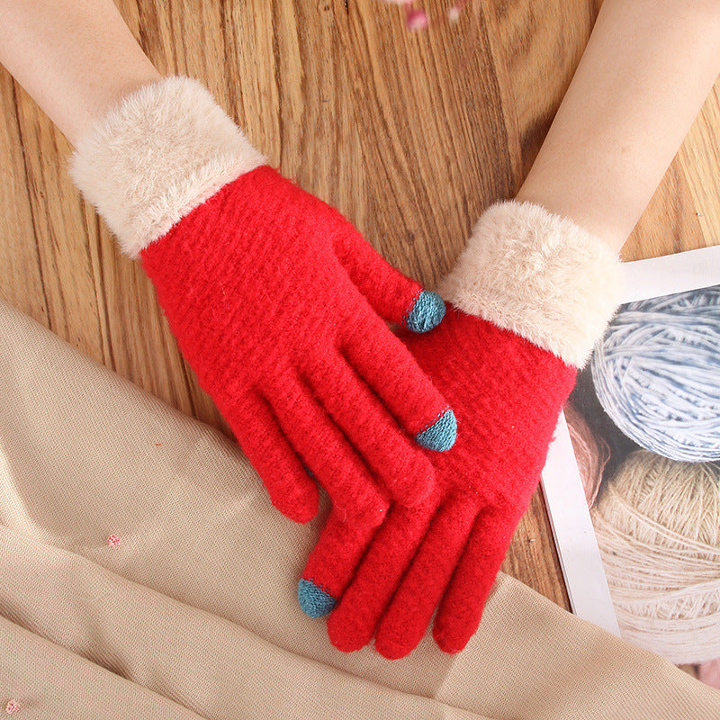 Touch Screen Gloves Female Winter Warm Thickened Knitting Cute Wool Mink-like Velvet Five Finger Gloves