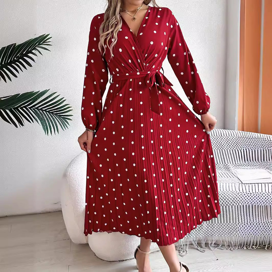Spring  / Summer  - Elegant Long Dress -  Cross V-Neck Contrast Polka Dot Long Sleeve Pleated  Dresses
