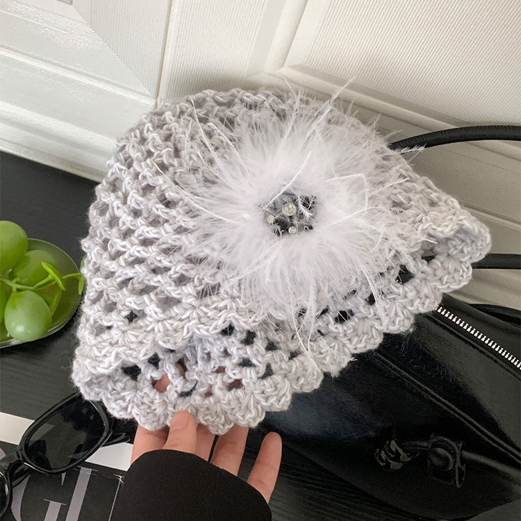 French Retro Black Feather Hand-woven Knitted Hat