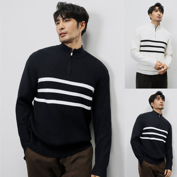Autumn / Winter New Long-sleeved Knitted Sweater For Men - Half-zip Stand-up Collar Stripe