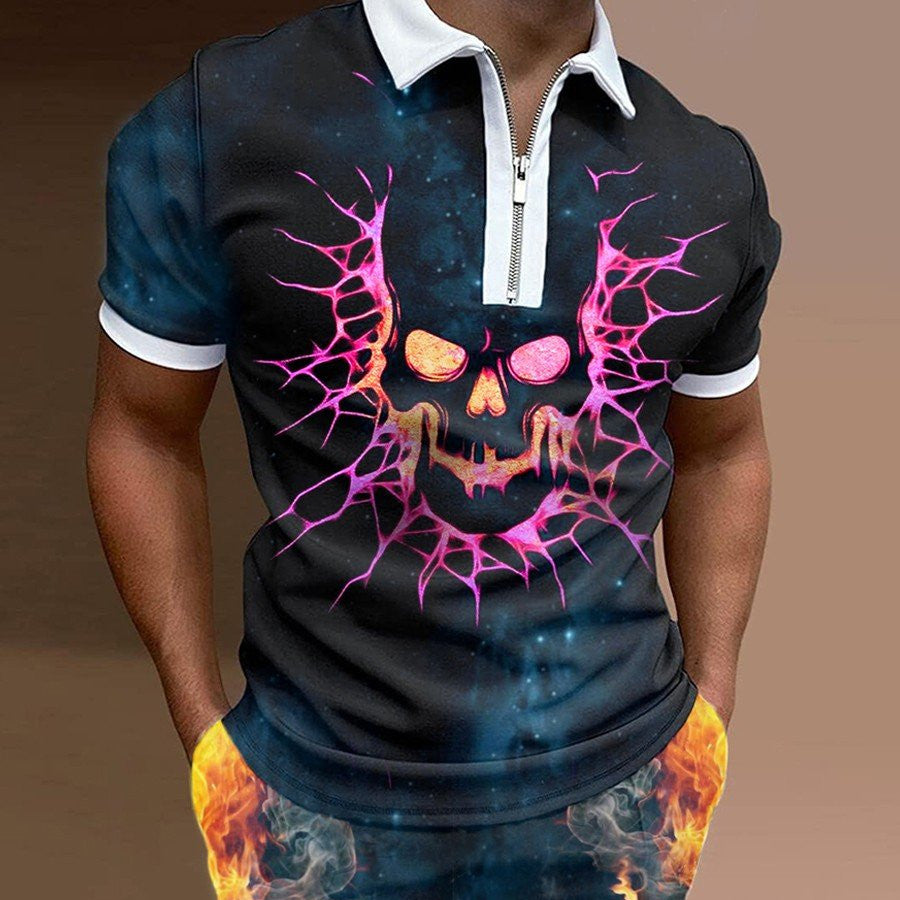 Men's Summer Fashion 3D Printed Short Sleeve Geometric Zip Lapel Shirt Set