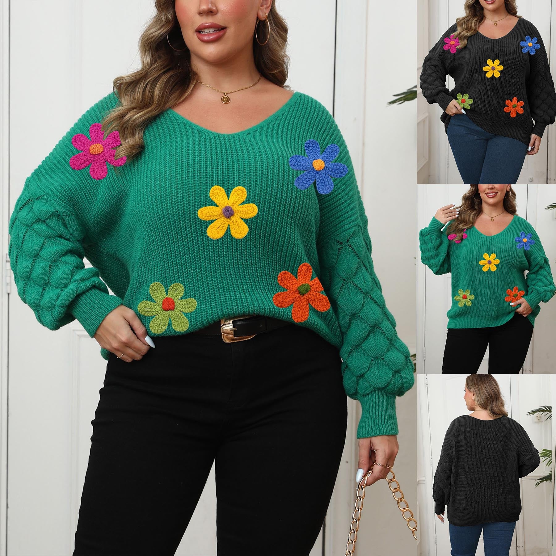 Plus-size Women's Sweater - Pineapple Sleeve Patch Base Shirt - 3D Wool Embroidery Flowers