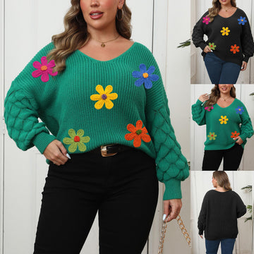 Plus-size Women's Sweater - Pineapple Sleeve Patch Base Shirt - 3D Wool Embroidery Flowers