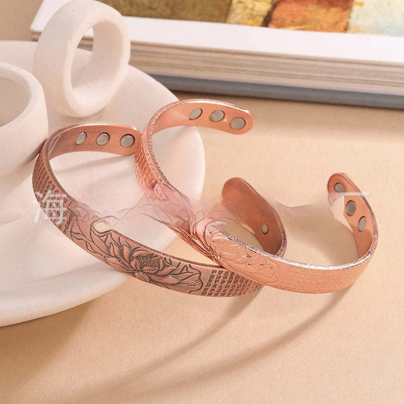 Euro-American Retro Rose Gold Open-End Embossed Design Magnetic Health Bracelet