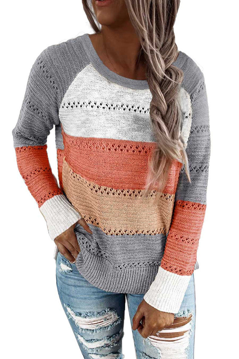Long sleeve pullover color block sweater top