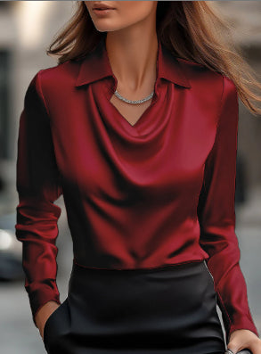 Women's Swing Collar Draped Shirts & Blouses Elegant -Solid Satin Office Ladies Top Pullover Spring Long Sleeve Casual Tops