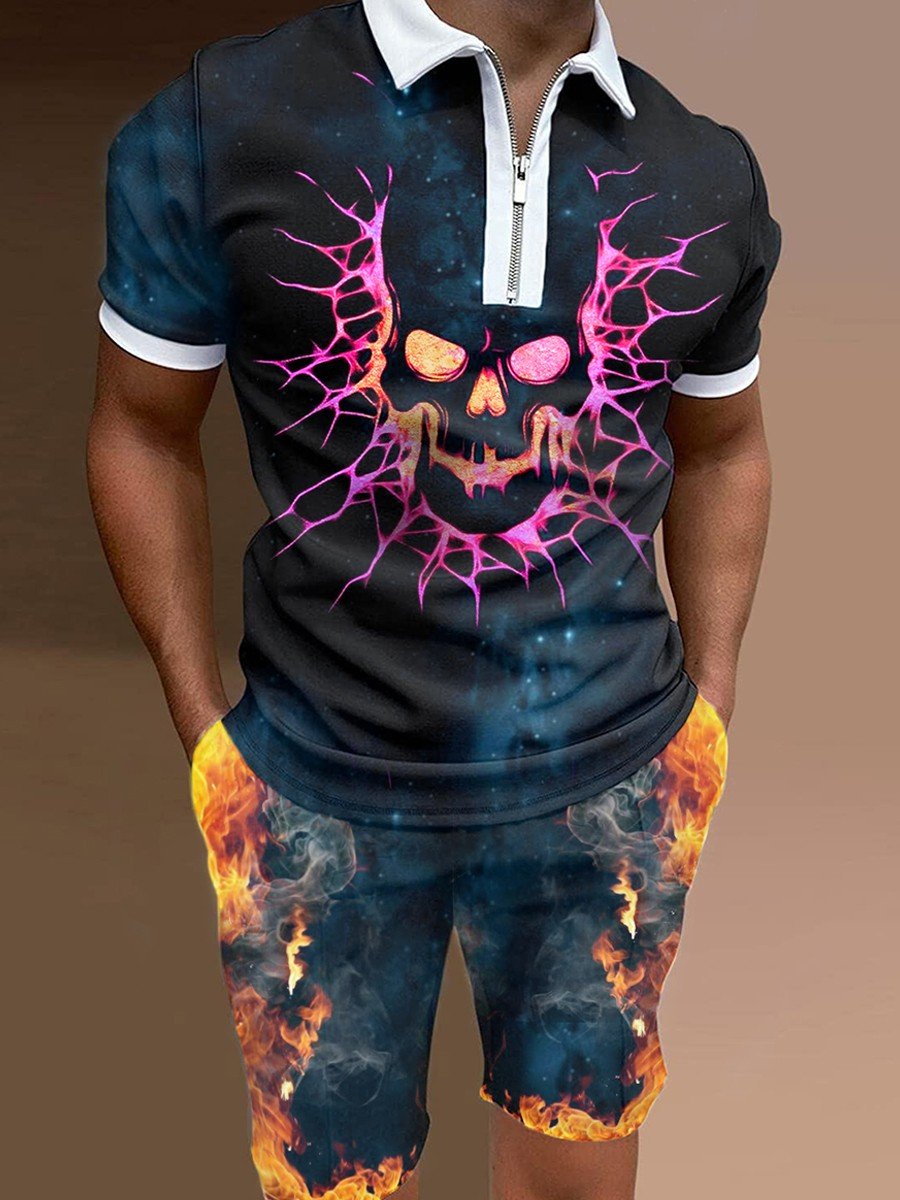 Men's Summer Fashion 3D Printed Short Sleeve Geometric Zip Lapel Shirt Set