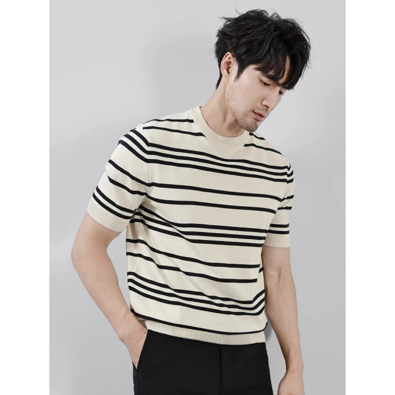 Knitted Ice Silk T-shirt - Men's Short Sleeve Black And White Stripes