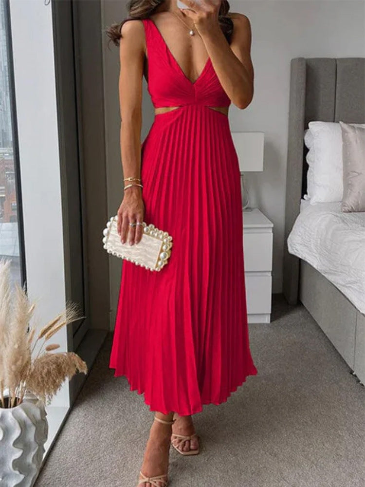 Ins Suspender Pleated Long Dress  - With Hollow-waisted Design  - Fashion V-neck Backless Dresses - Summer Women's Clothing