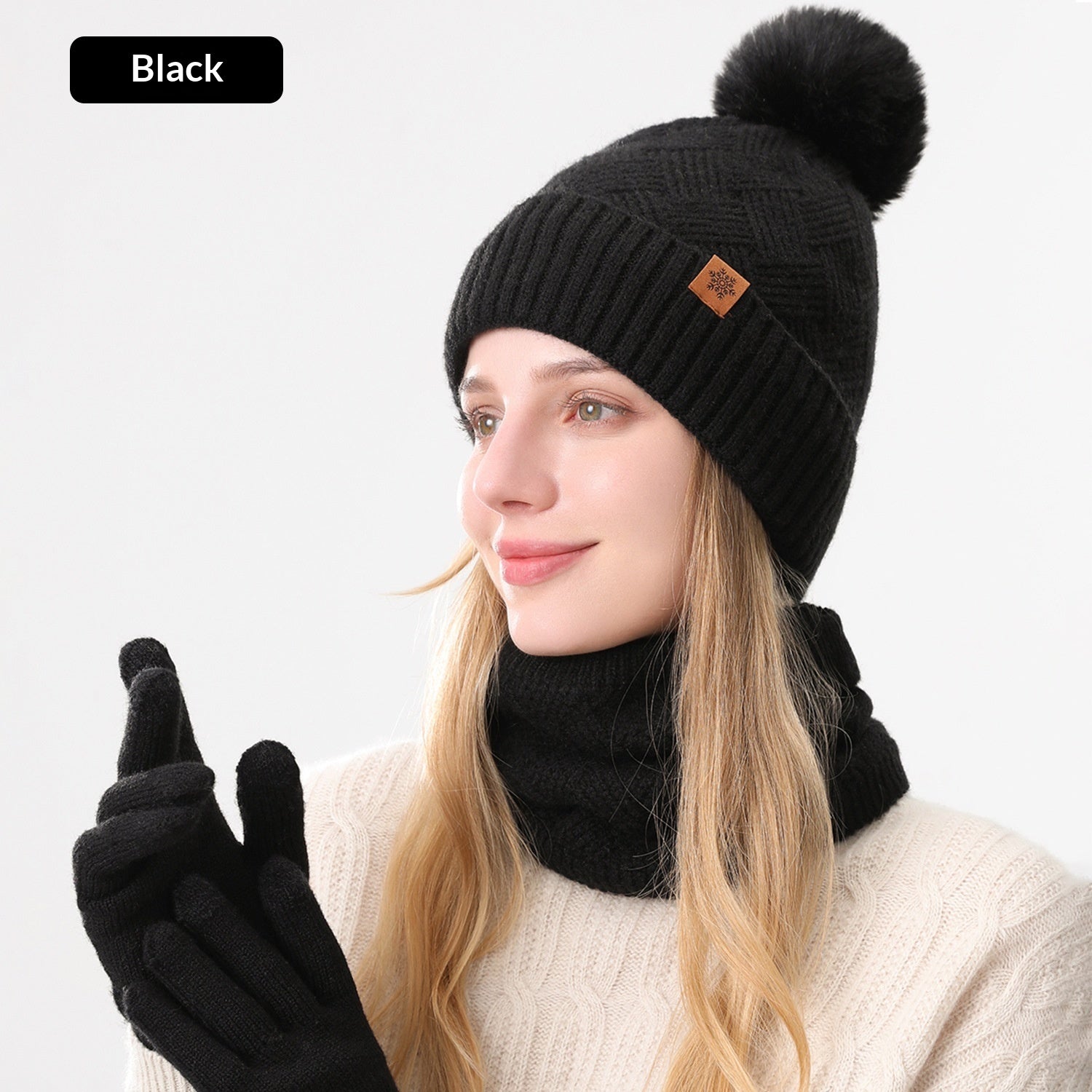 Ladies' Knitted Outdoor Warm Knitted Hat Scarf And Gloves Three-Piece Set