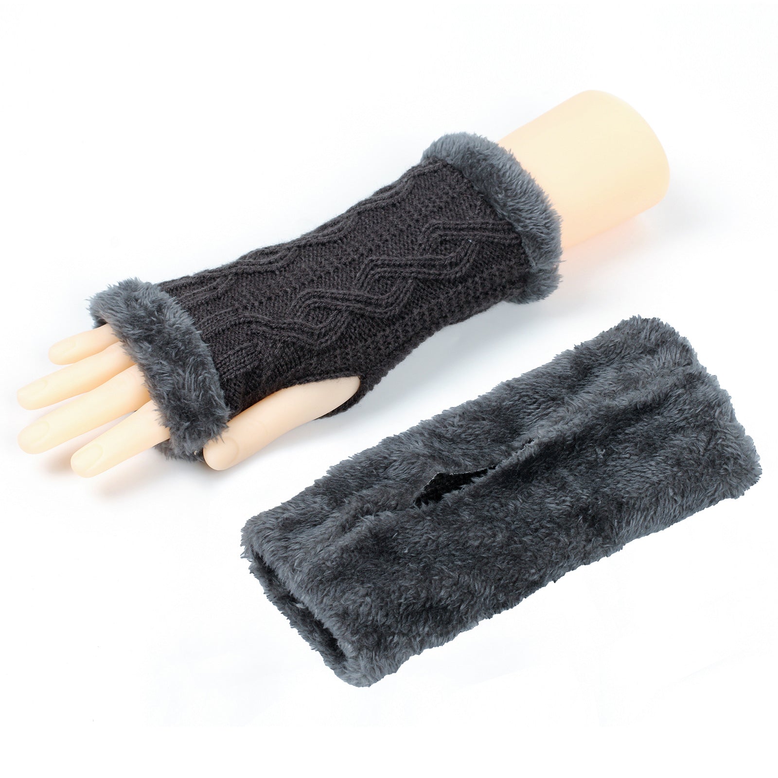 Rhombus Short Knitted Plus Fluff Thick Gloves