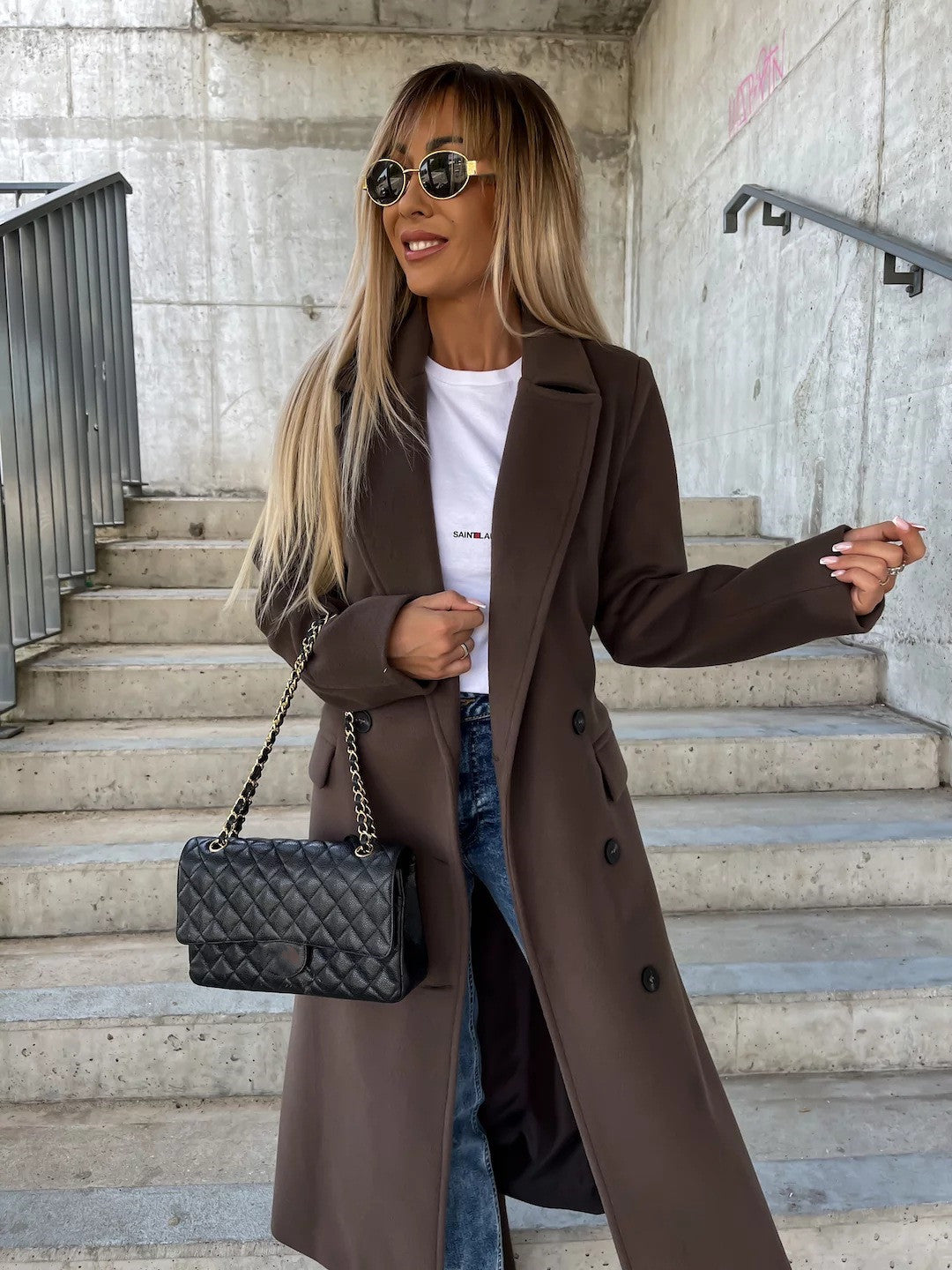 Double-breasted Lapel Split Jacket With Belt  - Winter Fashion  - Casual Long Sleeve Button Daily Coats  - For Women