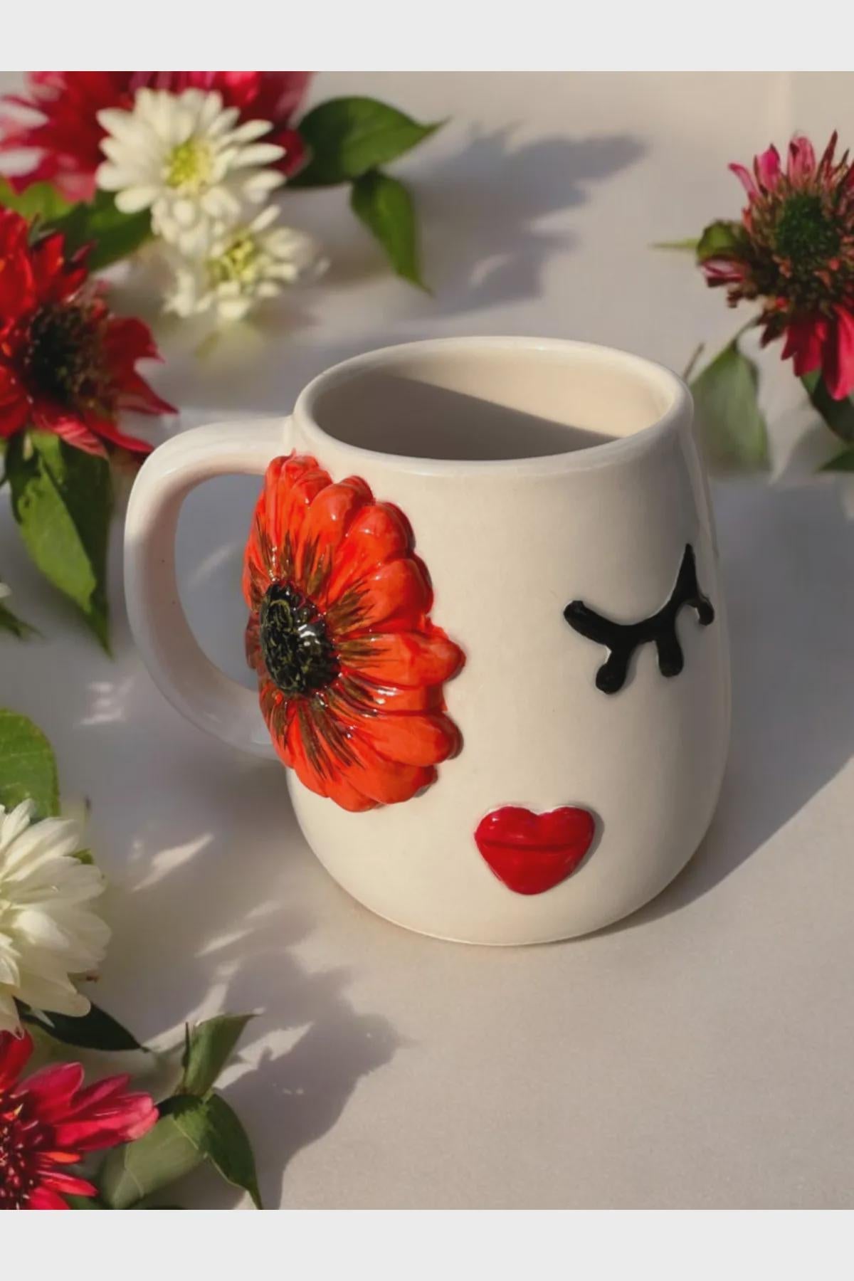 Set Of 2 Handmade Embossed Flower Face Mugs 400ml For Unique Coffee Experience