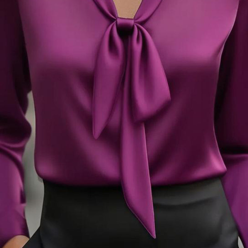 Women's Elegant Blouse With Ribbon Detail, Long Sleeve Dressy Top For Business Casual Office