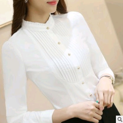 new professional white shirt long sleeve -Slim Korean vertical strip lace tooling hundred shirts collar -collar women's clothing
