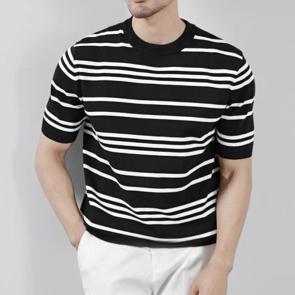 Knitted Ice Silk T-shirt - Men's Short Sleeve Black And White Stripes